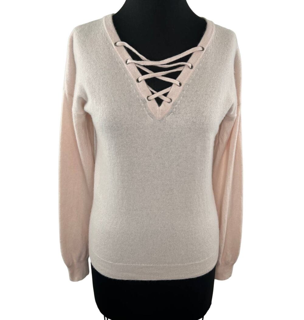 Christopher Fischer Pink Long Sleeve 100% Cashmere Lace Up V-Neck Sweater Size S